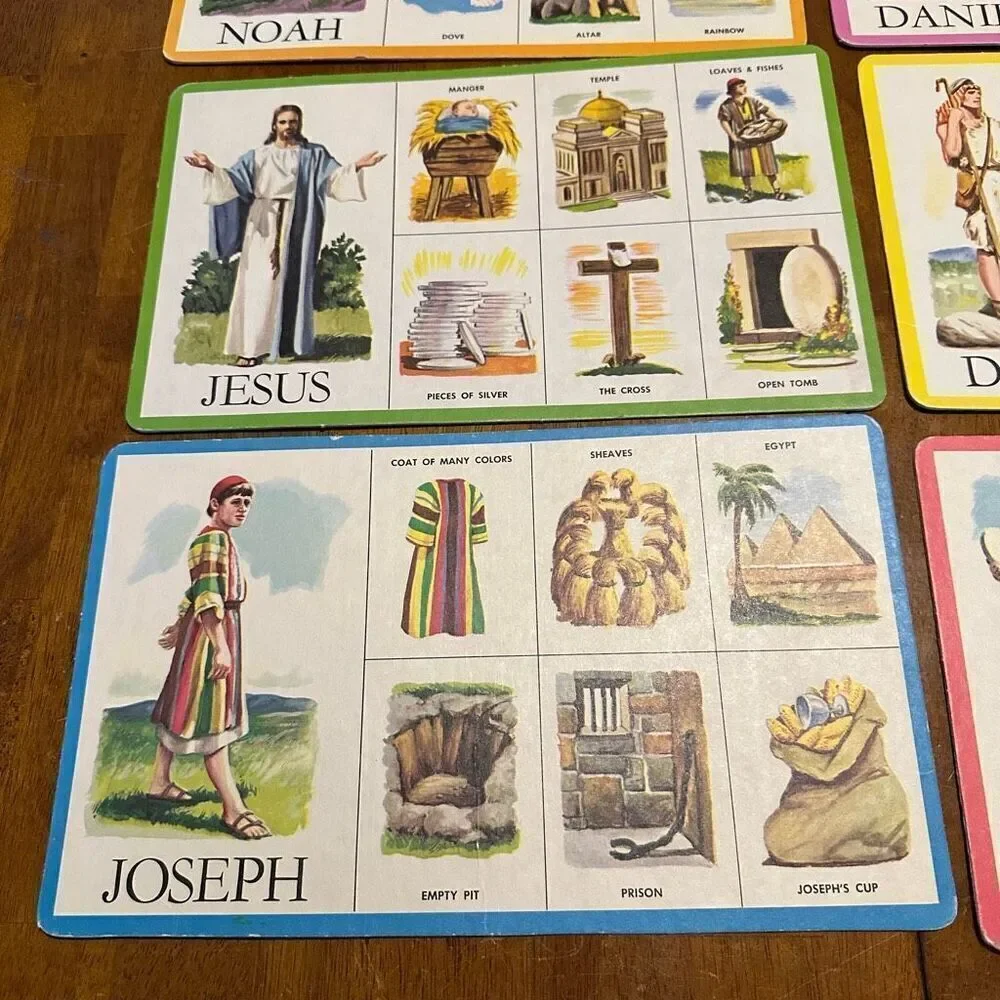 Vintage Biblical Bingo Cards 6 Pieces Cardboard Beautiful Colors Jesus 12”x7.5”